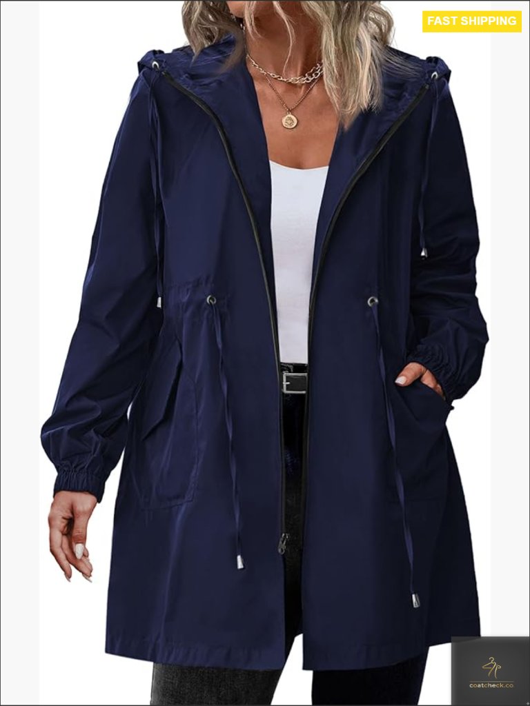 Plus Size Rain Jacket Long Hooded Waterproof Lightweight Windbreaker With